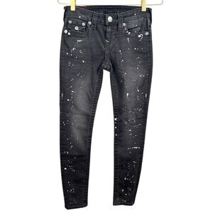 True Religion Super Skinny Black Paint Splatter Jeans Low Rise Size 26 121‎